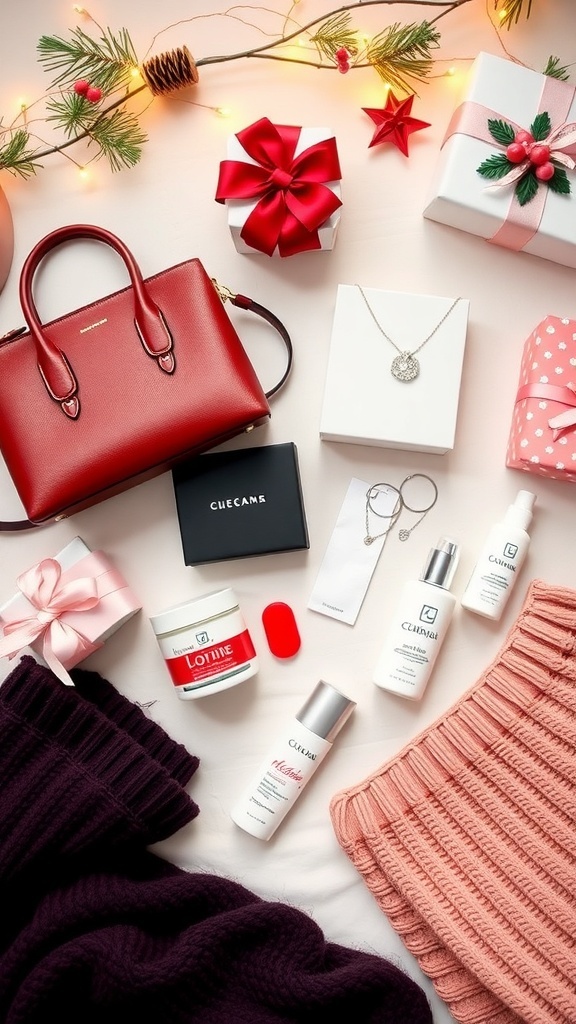 Flat lay of Christmas gift ideas for young women including a handbag, jewelry, and skincare products.